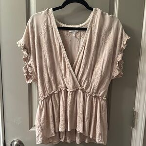 Maurices Pink Tan Flutter Sleeve Wrap Blouse